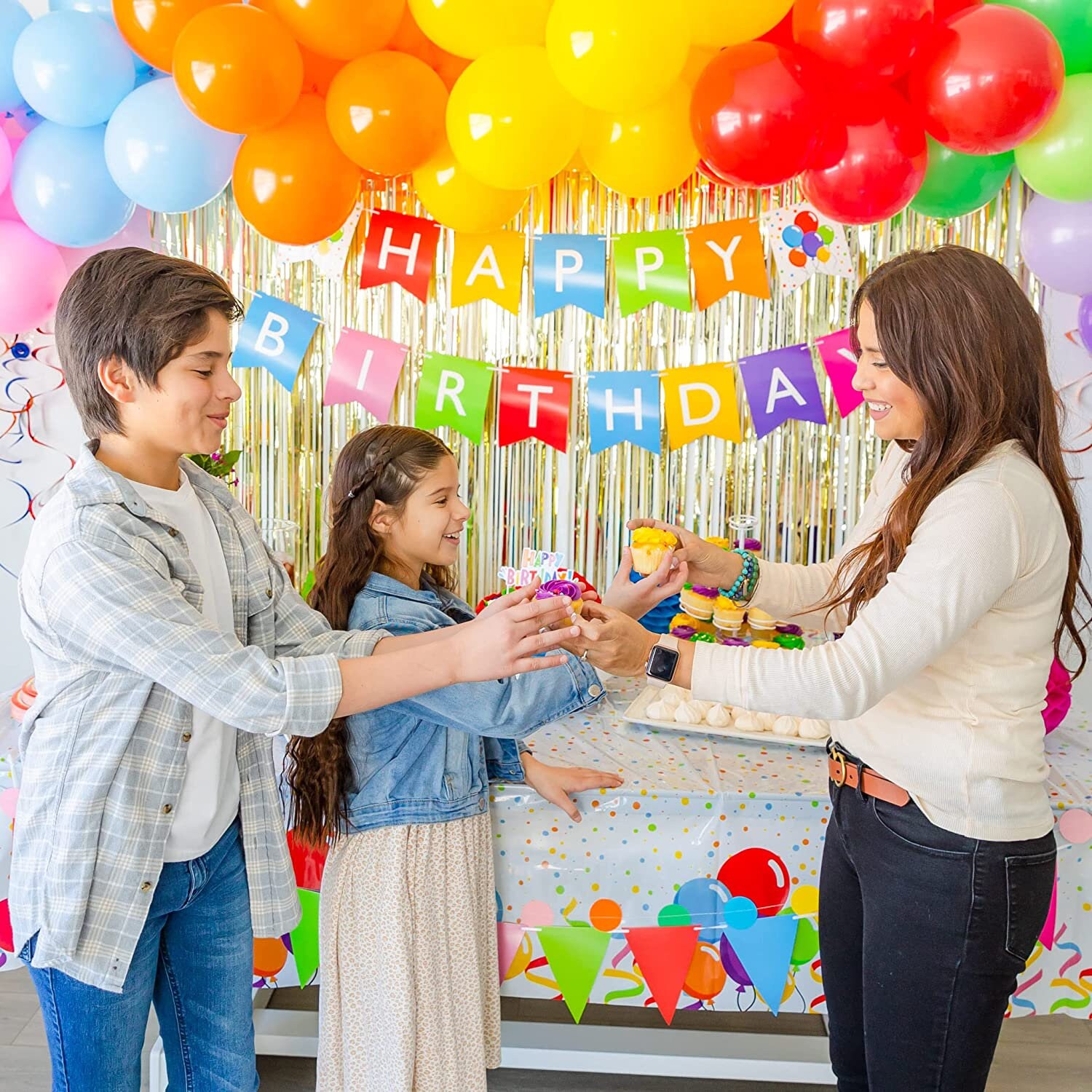 Austok Birthday Party Supplies, Happy Birthday Banner Pull Flag Cake Insert  Balloon Set, Decorations Favors Kit for Girls Boys Kids, Birthday Party