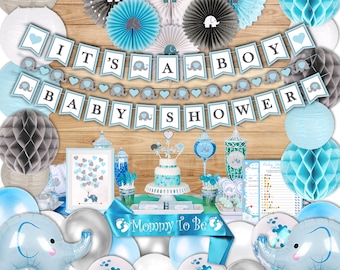 355 Piece Blue Elephant Baby Shower Decorations for Boy Complete Kit - It's a BOY Pre-Strung Banners Garland Guestbook Sash Balloons Games