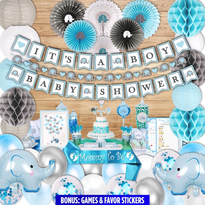 355 Piece Blue Elephant Baby Shower Decorations for Boy Etsy
