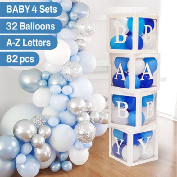 Baby Shower Decorations for Boy 82PCS Jumbo Transparent Baby Block Balloon  Box With Letters Includes White, Blue, Gray, Baby Blue Balloons 