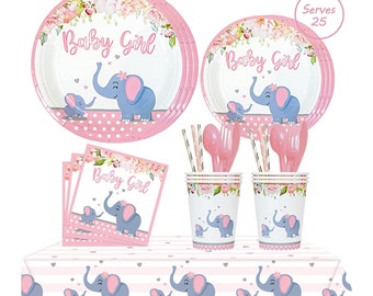 Pink Elephant Theme Baby Shower Decorations For Girl, Birthday Party Supplies Tableware Tablecloth Paper Plates Napkins Spoon & Knives