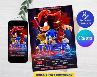Sonic 3 Birthday Invitation, Super Hedgehog Boys Party Invite, Super Sonic Party Invitation, Sonic Birthday Invite, Editable Sonic Invite