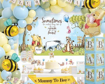 Vintage Winnie Baby Shower Decorations Boy, Blue Pooh Balloon Arch Kit, Classic Pooh Bear Theme Party Set, Baby Shower Backdrop Decor