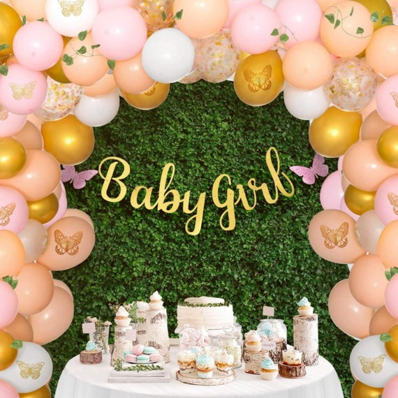 Decoraciones de baby shower de jardín de mariposas para niñas: 110 piezas  de globo rosa Garland Arch Kit Decoración, Baby Girl Glitter Banner Foil  Mariposas -  España