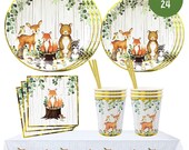 Woodland Creatures Theme Baby Shower Decorations Boy and Girl - Tablecloth,Paper Plates,Napkins Straws Cups of Forest Animal Tableware Set