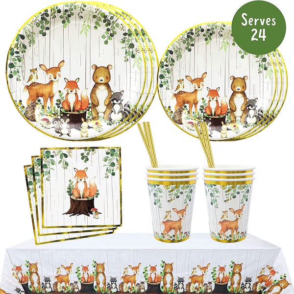 Woodland Creatures Theme Baby Shower Decorations Boy and Girl - Tablecloth,Paper Plates,Napkins Straws & Cups of Forest Animal Tableware Set