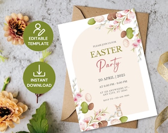 Invitación floral editable para brunch de Pascua, invitación para brunch de Pascua, invitación de Pascua bohemia, invitación para búsqueda de huevos de Pascua, plantilla imprimible