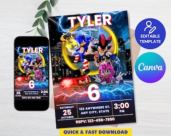 Sonic 3 Birthday Invitation, Super Hedgehog Boys Party Invite, Super Sonic Party Invitation, Sonic Birthday Invite, Editable Sonic Invite