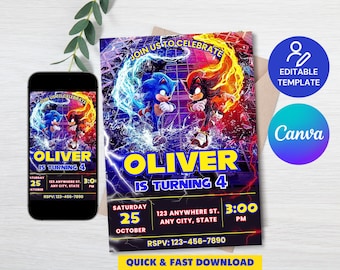 Sonic 3 Birthday Invitation, Super Hedgehog Boys Party Invite, Super Sonic Party Invitation, Sonic Birthday Invite, Editable Sonic Invite