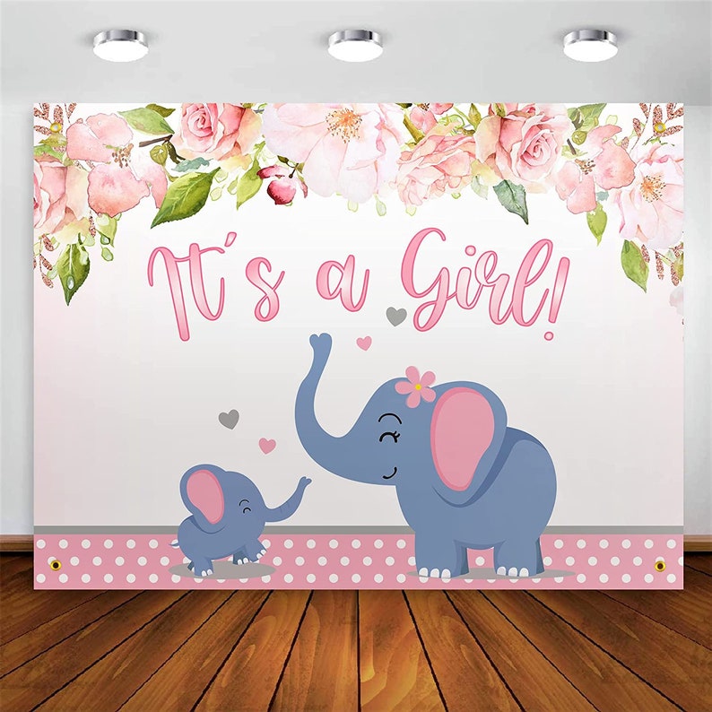 Elephant Baby Shower Backdrop Banner Pink Floral Baby Shower Decorations For Girl Large Fabric Rustic Animal Theme Birthday