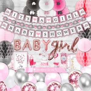 355 Piece Pink Elephant Baby Shower Decorations for Girl Party Kit - IT"S A GIRL Pre-Strung Banners Garland Sash Balloons Games Guestbook
