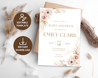 Invitación para baby shower estilo bohemio, baby shower floral bohemio rosa, invitación editable para baby shower de niña, imprimible con flores silvestres bohemias
