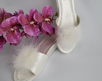 White Feather Satin Slippers for Bride, Women. Bride slippers. Wedding. Handmade high quality free shipping.