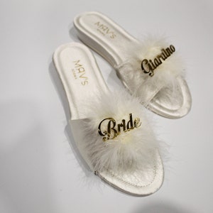 Personalized  White Feather Satin Slippers for Bride, Women. Bride slippers. Wedding. Handmade high quality free shipping.