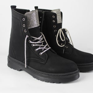 Stoned Boots Leather Women  Platform  Round Toe Warm Shoes stone laced for Winter Woman High Quality  Black Boots