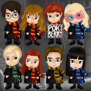 May include: Eight cartoon characters from the Harry Potter series, each wearing a different Hogwarts house scarf. The characters are Harry Potter, Ron Weasley, Hermione Granger, Draco Malfoy, Ginny Weasley, Neville Longbottom, Luna Lovegood, and Cho Chang. The characters are all wearing black robes and have different colored scarves. The text "POKI BERRY" is visible in the image.