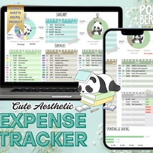 May include: A digital expense tracker displayed on a laptop and smartphone. The screens show financial data with a panda bear graphic. The words "Cute Aesthetic Expense Tracker" are at the bottom. The product is a Google Sheets digital product.