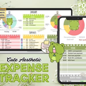 May include: A digital expense tracker displayed on a laptop screen and a smartphone, featuring a green frog character, pie charts, and tables for income, expenses, and future payments. The interface includes text labels like January, Income, Expenses, and Future.