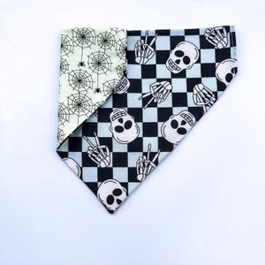 Halloween Dog Bandana, Skeletons | Over the Collar or Tie On | Checkered Bandana, Skeleton Peace Signs | Personalized Bandana Reversible