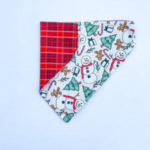 Christmas Dog Bandana, Snowman | Over the Collar or Tie On | Gingerbread, Gifts, Christmas Trees, Candy Cane, | Personalized, Reversible