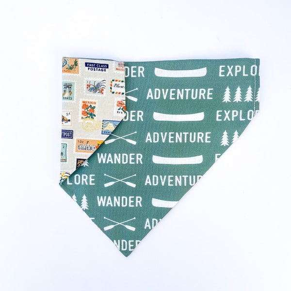 Adventure Dog Bandana | Over the Collar or Tie On | Canoe, Wander, Explore, Travel | Personalized Reversible Bandana | Rifle Paper Co, Camp