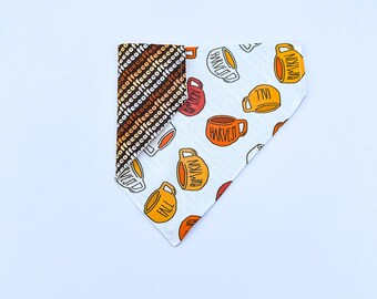 Fall Dog Bandana, Pumpkin Spice Latte | Over the Collar or Tie On | Coffee Mugs, Fall, Pumpkin, Harvest | Personalized Bandana, Reversible