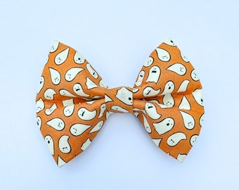 Dog Bow Tie | Halloween, Ghosts, Orange and White Dog Bow Tie | Cat Bow Tie | Halloween Bow Tie | Dog Collar Bow Tie | Dog Accessory Pet Bow