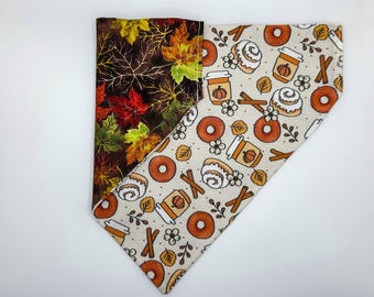 Pumpkin Spice Latte Dog Bandana | Over the Collar or Tie On | Fall leaves, Pumpkin Donuts, Cinnamon Sticks | Personalized Bandana Reversible