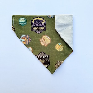 National Park Dog Bandana | Over the Collar or Tie On | Hiking Dog Bandana, Adventure Dog Bandana Camping | Personalized Reversible Bandana