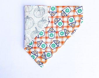 Jesienna bandana dla psa, Pup Cup, Puppuccino | Na obroży lub do wiązania | Pumpkin Spice Latte, Starbucks, PSL | Personalizowana bandana, dwustronna