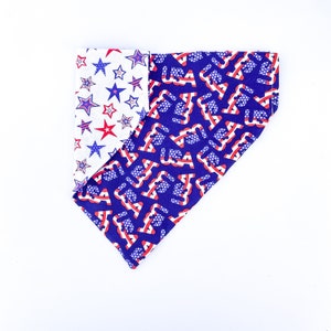 4th of July Dog Bandana | Over the Collar or Tie On | USA, Patriotic, Stars, Red White Blue, Hearts | Personalized Bandana, Reversible