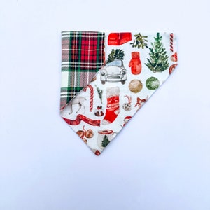 Christmas Dog Bandana | Over the Collar or Tie On | Stockings, Candy Canes, Hot Chocolate, Ornaments, Xmas Trees | Personalized Reversible