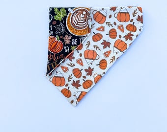 Fall Dog Bandana PSL | Over the Collar or Tie On | Pumpkin Spice Lattes, Pumpkin Pie, Fall Coffee, Leaves | Personalized Bandana, Reversible