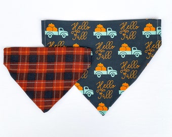 Fall Dog Bandana, Pumpkins, Trucks, Plaid | Over the Collar or Tie On | Hello Fall, Vintage Truck | Personalized Bandana, Reversible