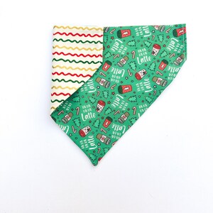 Christmas Coffee Dog Bandana | Over the Collar or Tie On | Christmas Tree Bandana, Candy Canes, Lattes | Personalized Bandana Reversible