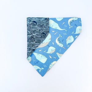 Beach Dog Bandana | Over the Collar or Tie On | Ocean Waves, Whales, Fish, Water, Narwhals | Personalized Reversible Bandana | Sea Bandana