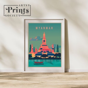 Cartel del país de Myanmar, arte del país, arte de la pared del país, impresión del país, cartel del país, impresión del país, regalo de viaje, ilustración de viaje de Myanmar