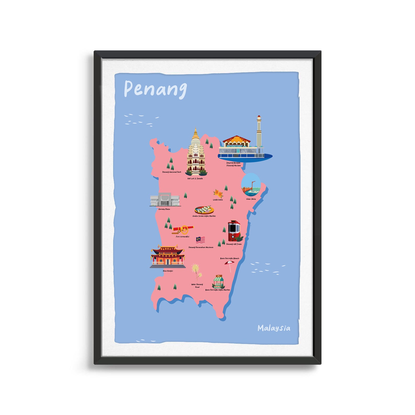 Penang, Malaysia Illustrated Map Art Print, Country Map Poster