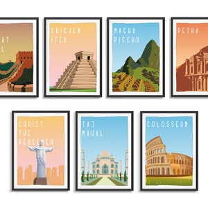 The Seven Wonders of the Modern World Poster Art, 7 Wonders Wall Poster, Ancient 7 Wonders Illustration Set Digital Download