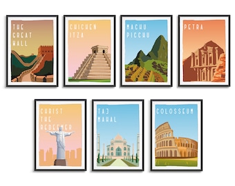 The Seven Wonders of the Modern World Poster Art, 7 Wonders Wall Poster, Ancient 7 Wonders Illustration Set Digital Download