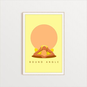 May include: A digital illustration of a person in a yellow outfit doing a yoga pose with the text "BOUND ANGLE" below. The background is a yellow colour with a large orange circle.