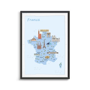 Frankreich Illustrierte Karte Art Print, Landkarte Poster, Reisekarte, Kartendruck, Fernweh, Sehenswürdigkeiten, Wahrzeichen, Urlaubsplan, Dinge zu tun