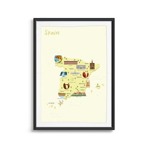 Spanien Illustrierte Karte Art Print, Landkarte Poster, Reisekarte, Kartendruck, Fernweh, Wahrzeichen, Touristenkarte, Dinge die zu tun sind