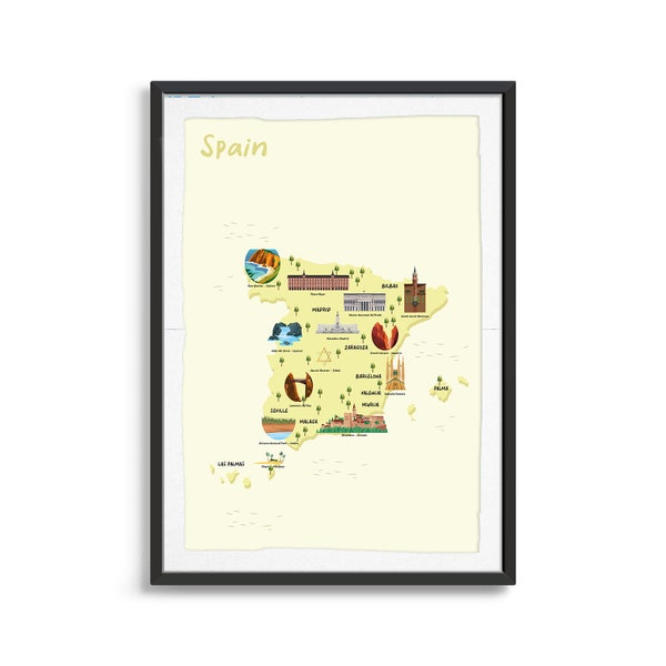 Spain Illustrated Map Art Print, country map poster, travel map, map print wanderlust, landmark, tourist map, things to do