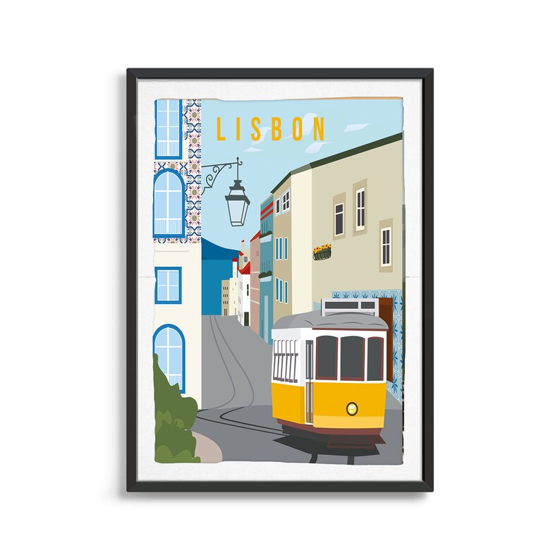 May include: A yellow and white tram travels down a street in Lisbon, Portugal. The street is lined with colorful buildings and a street lamp hangs overhead. The text "LISBON" is printed in yellow letters on a blue sky.