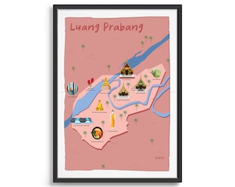 Luang Prabang, Laos Illustrated Map Art Print, country map poster, travel map, map print wanderlust, landmark, tourist map, things to do