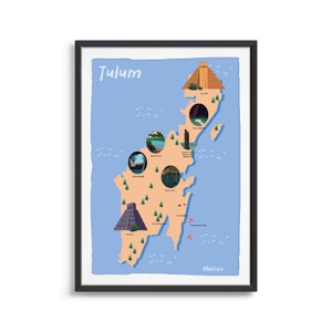 Puede incluir: Un mapa ilustrado colorido de Tulum, México, con varios puntos de interés resaltados en círculos. El mapa muestra la ubicación de las ruinas de Tulum, Gran Cenote, Dos Ojos y otras atracciones.