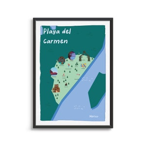 Impression d'art de carte illustrée de Playa Del Carmen, Mexique, affiche de carte de pays, carte de voyage, impression de carte, point de repère, carte touristique, choses à faire