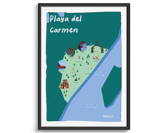 Lámina ilustrada con mapa de Playa del Carmen, póster de viaje a México (descarga digital)