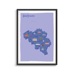 Belgien illustrierte Karte Kunstdruck, Landkarte Poster, Reisekarte, Karte drucken Fernweh, Wahrzeichen, Touristenkarte, Dinge zu tun